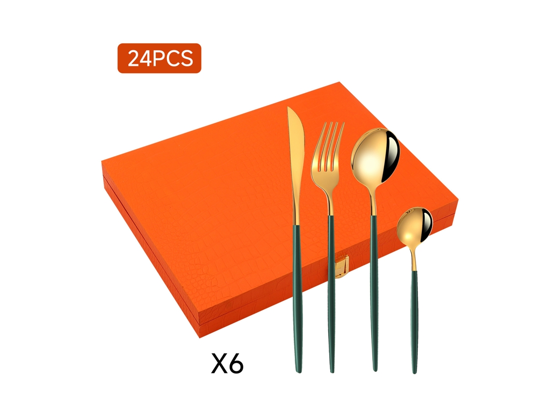 Conjunto De Talheres Inox 24 Peças Com Caixa Oferta - Verde Dourado - Eifson