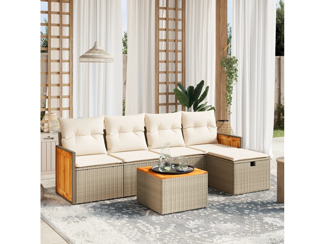 Vidaxl 6 Pcs Conjunto De Sofás P/ Jardim Com Almofadões Vime Pe Bege