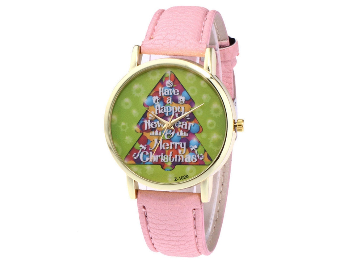 Relógio de pulso de quartzo natalino moderno com pulseira de couro PU (rosa)