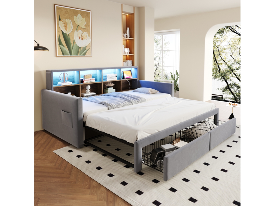 Cama Sofá cama 90x200cm, Cabeceira com Armazenamento, Led, Tomadas, Veludo Cinza GE