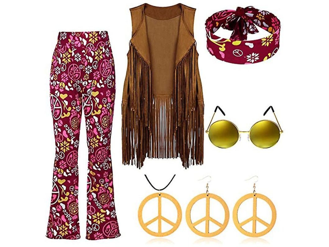 2026 traje Hippie Retro Dos Anos 70 com Colete de Franja, Calças e Cachecol para Festa Disco
