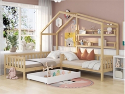Cama De Cabina 90x200cm + 140x70cm Em Madeira Maciça - Com Gavetas E Prateleiras + Estrado - Natural