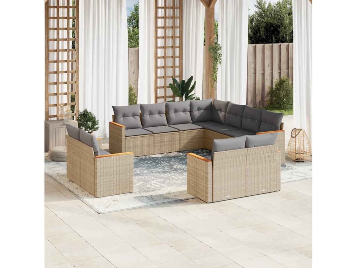 Vidaxl 11 Pcs Conjunto Sofás De Jardim C/ Almofadões Vime Pe Bege