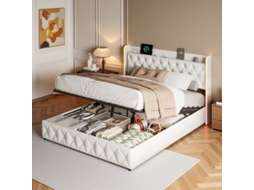 Cama De Casal 160x200 Em Veludo Bege Com Box Baú, Luz Led Rvb, Usb, Flutuante, Luxo Francês, Ideal Pequeno Apartamento