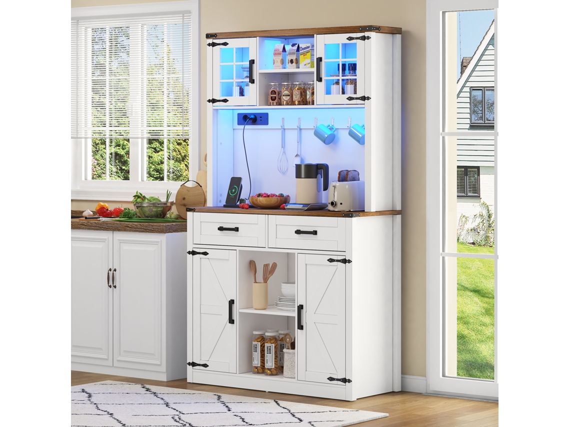 PAPRIKA Armário com Iluminação Led e Tomadas, com 2 Gavetas, Tipo Celeiro Porta Design e Prateleiras Reguláveis, Branco