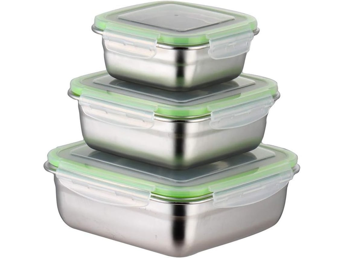 Rebe - Conjunto de 3 recipientes quadrados para alimentos em aço inoxidável 304, ecológicos, reutilizáveis e à prova de vazamentos.