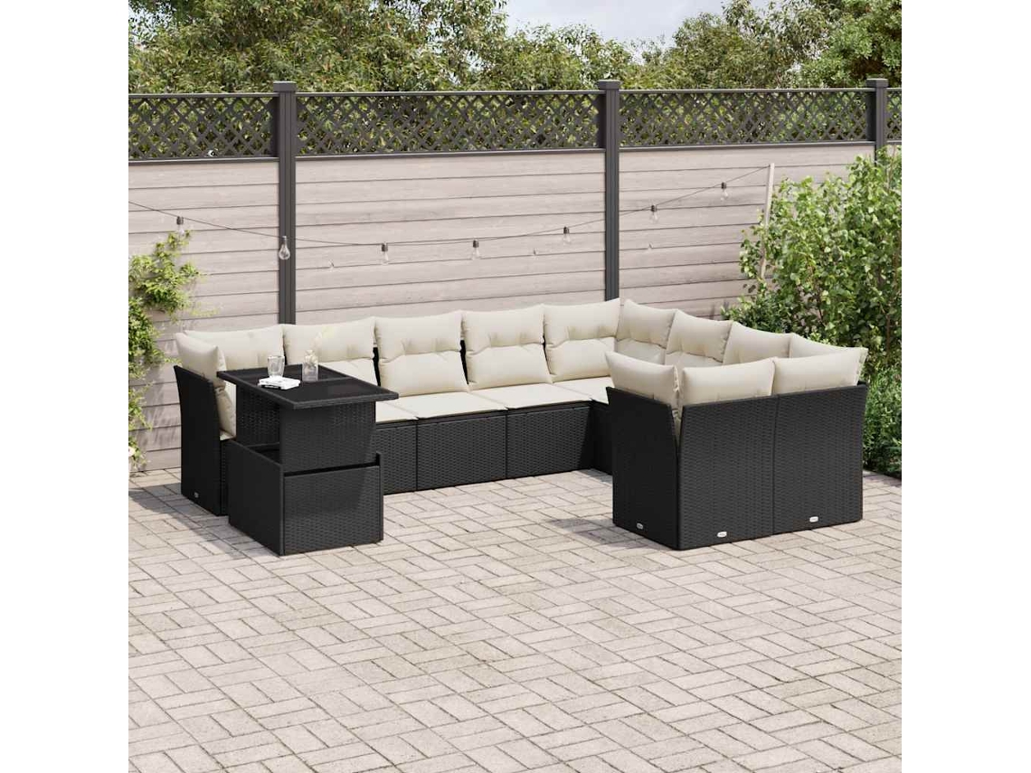 Vidaxl 10 Pcs Conjunto Sofás De Jardim C/ Almofadões Vime Pe Preto