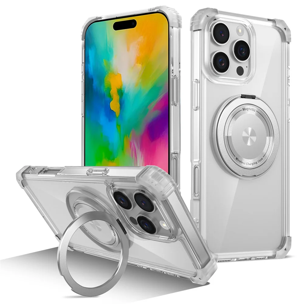 Capa Transparente Para Iphone 14 Plus Com Carregamento Magnético Sem Fio E Suporte Giratório Invisível.
