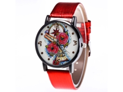 Relógio de quartzo unissex com pulseira de couro PU, mostrador redondo e estampa floral (vermelho)