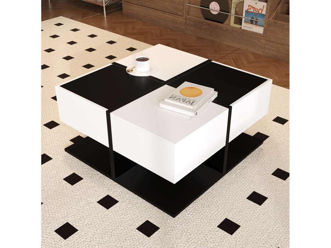 Mesa De Centro Moderna Preta E Branca 70x70cm Com 2 Gavetas E Acabamento Brilhante Para Armazenamento Elegante Mega Echo Trade Shop