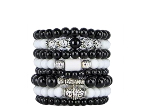 Conjunto de 8 Pulseiras BOHEMIAN (Vidro, madeira e liga - Preto - Ajustável)