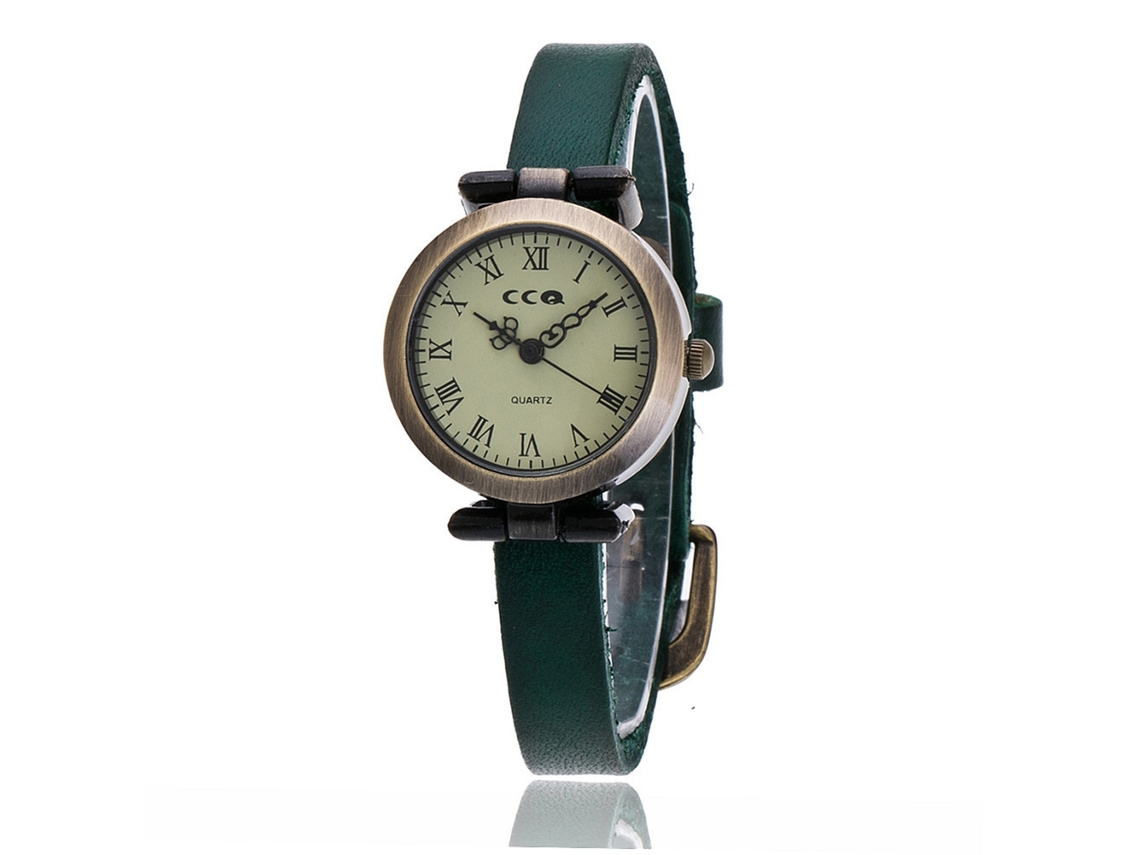 Relógio de Pulso Feminino de Moda com Pulseira de Couro Pu e Números Romanos (verde)