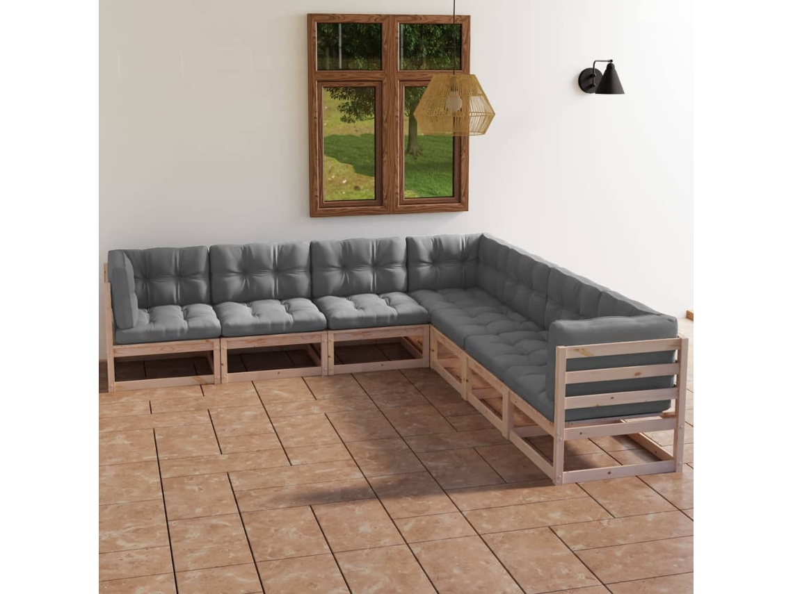 Vidaxl 7 Pcs Conjunto Lounge De Jardim C/ Almofadões Pinho Maciço