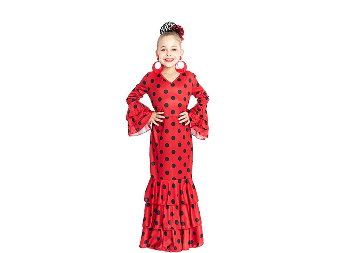 Fato de Sevilhana vermelha com bolinhas pretas para menina