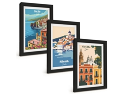 Composição De Quadros Paisagens Urbanas Com Prédios Espelharte (3 Peças 20x30 Cm)
