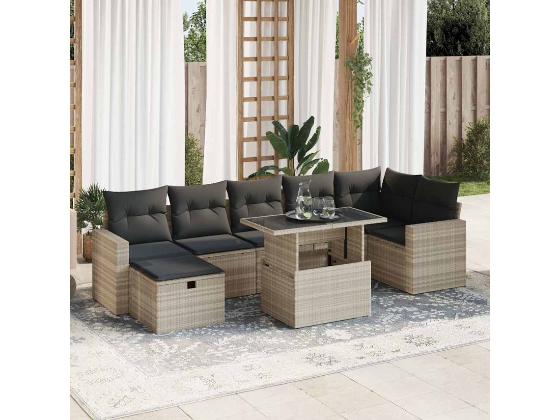 Vidaxl 8 Pcs Conj. Sofás Jardim C/ Almofadões Vime Pe Cinzento-claro