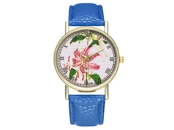 Relógio de Pulso Analógico de Quartzo com Pulseira Pu Estilo Floral Royal Blue para Mulheres