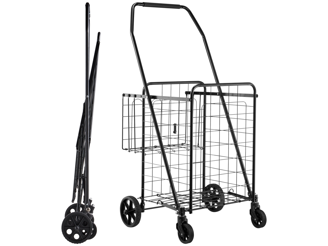 Carrinho de Compras, Dobrável, com Duas Cestas, Revestimento e Rodas Impermeáveis, Capacidade Carga 45,3 Kg, 64 + 10 L, Ideal para Lavanderia,