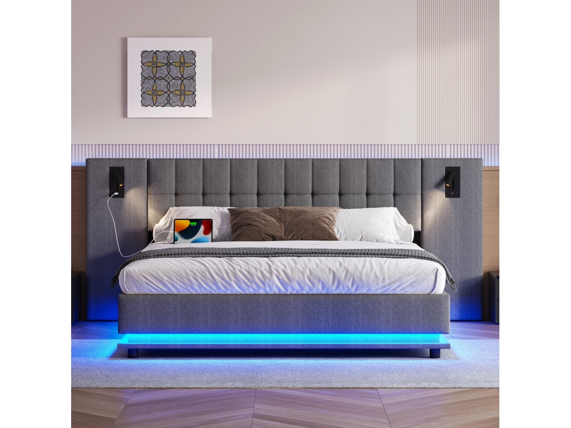 Cama Box Casal 180x200cm Linho, Luz Led, Projetor Cabeceira, Usb, Capacidade 200kg, Confortável, Prático, Sem Colchão, Cinza KOMHTOM