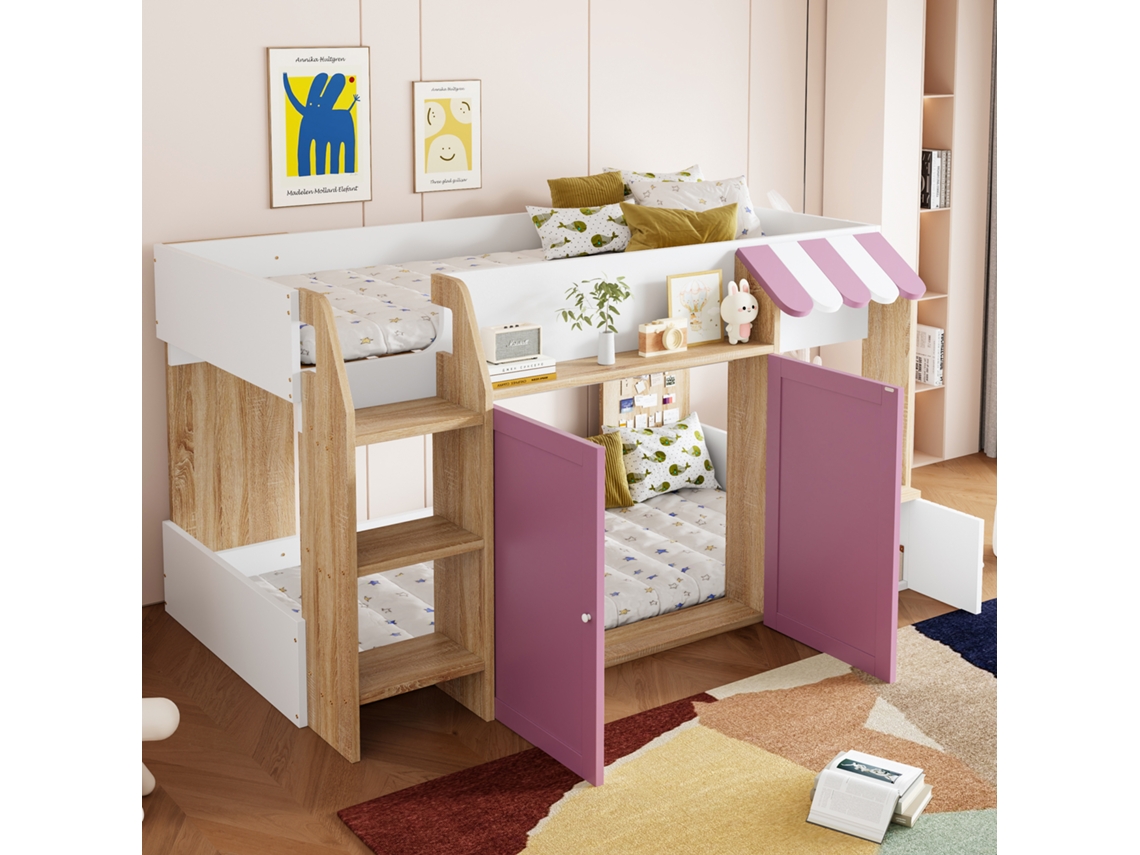 Cama Casinha Infantil 90x200 Cm Madeira Maciça Com Arrumação Aberta, Escada, Estilo Mezanino E Acabamento Branco/rosa