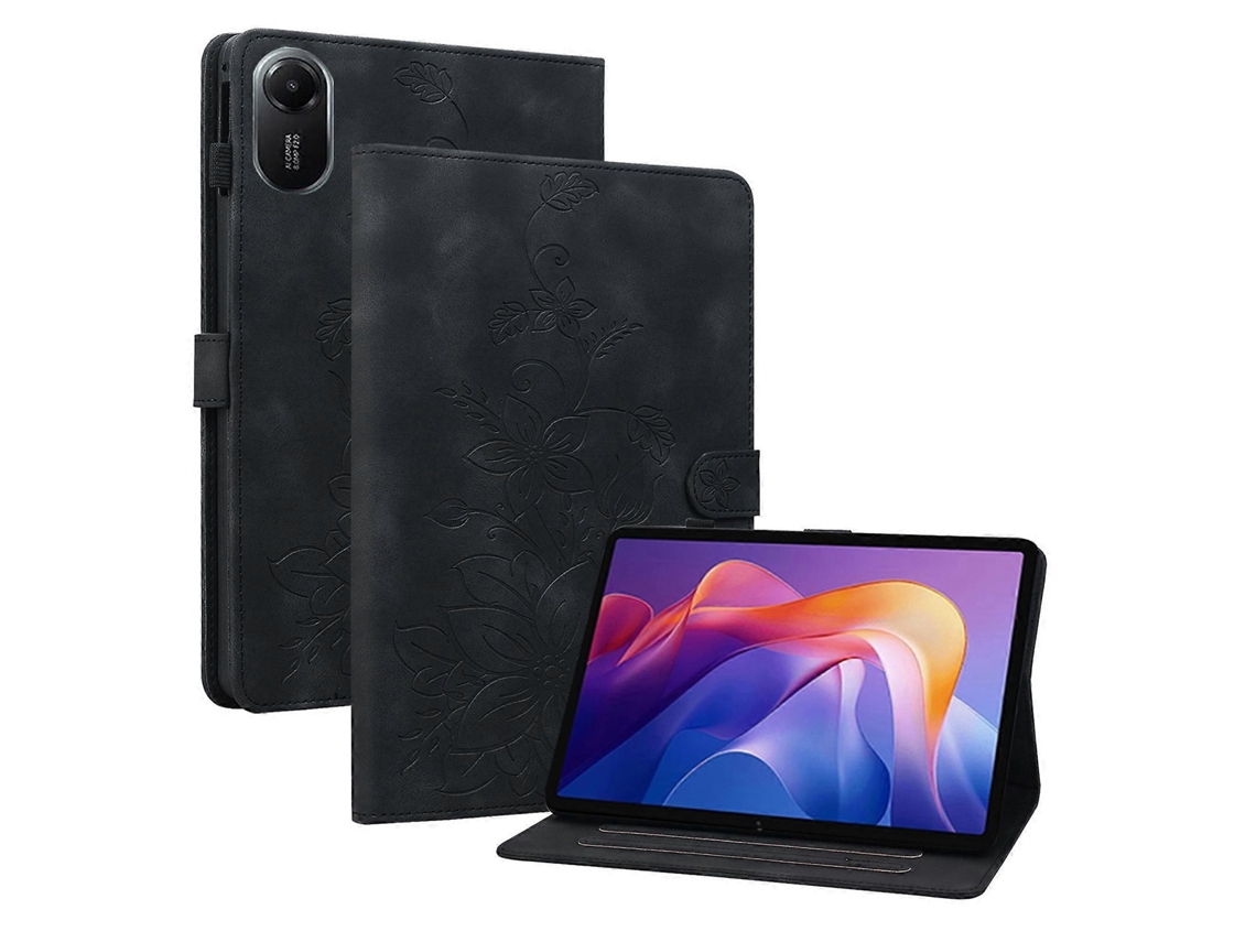 Capa de couro com estampa de lírio e compartimentos para cartões para Xiaomi Redmi Pad 2, preta (Hengrongshen)