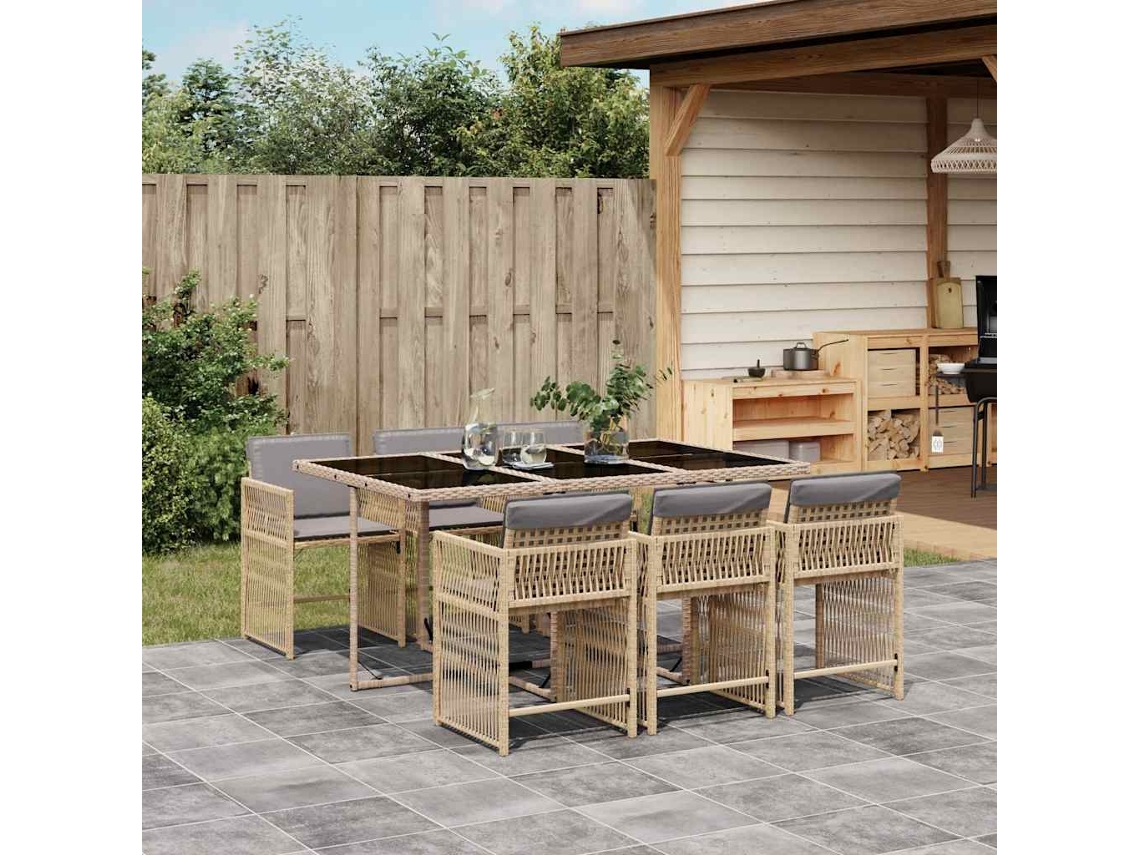 Vidaxl 7 Pcs Conj. Jantar Jardim C/ Almofadões Vime Pe Bege Misturado