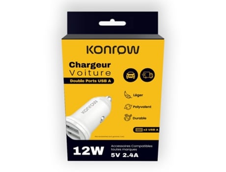 Kcc12aaw Adaptateur Allume Cigare 2 Ports Usb A Charge Rapide 12w, Blanc Konrow (compatible, Blister)
