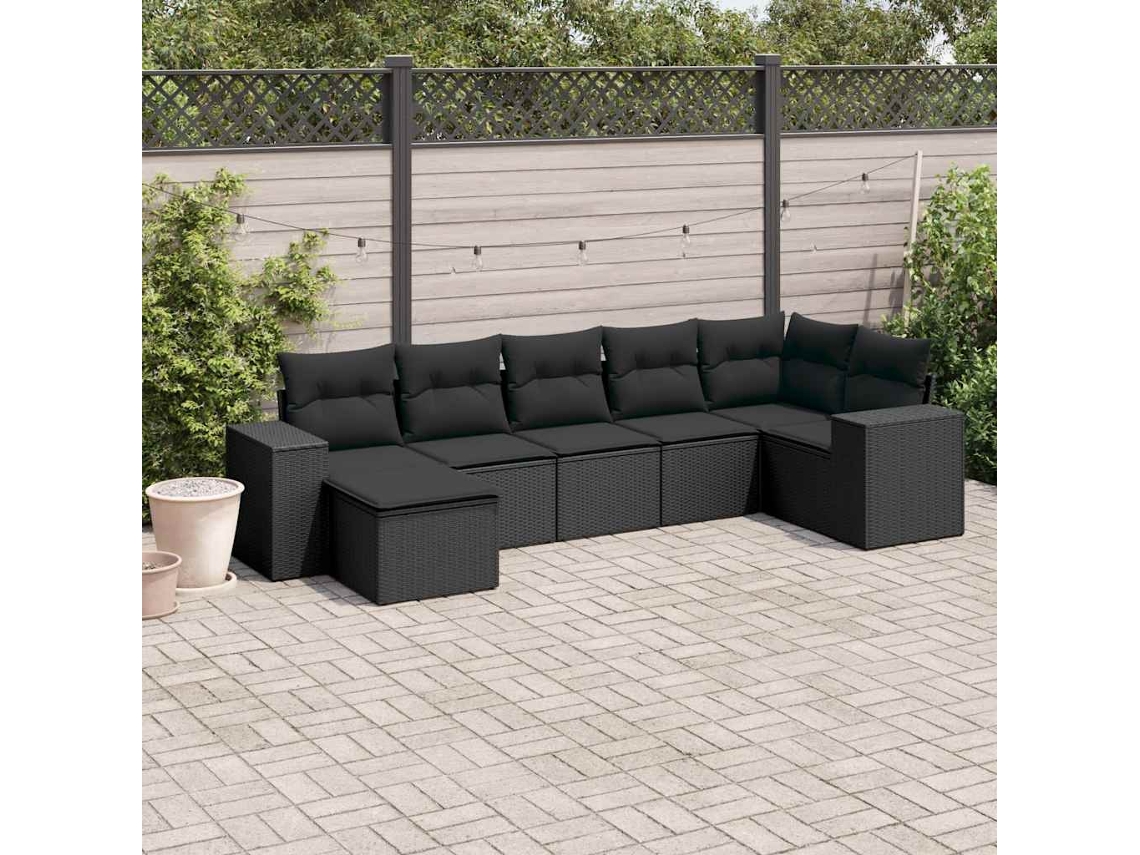 Vidaxl 7 Pcs Conjunto De Sofás P/ Jardim C/ Almofadões Vime Pe Preto