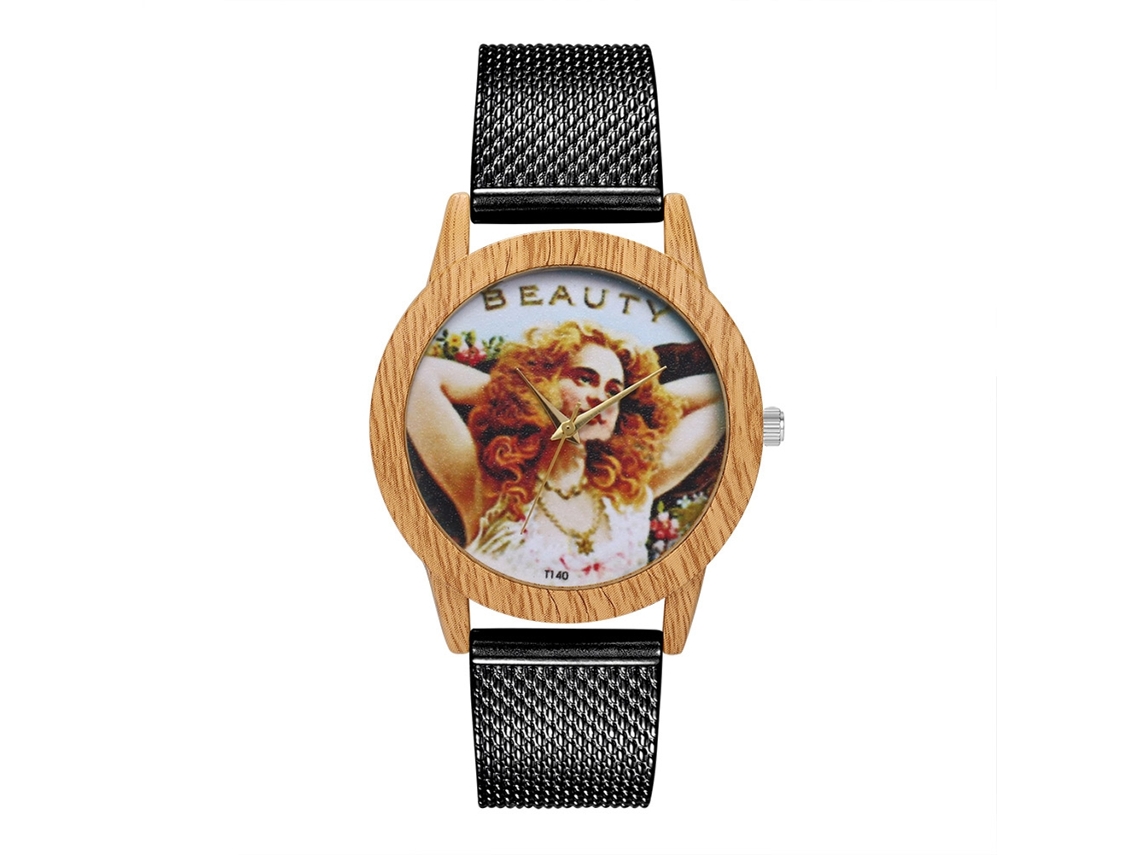 Relógio de pulso unissex Zhoulianfa com mostrador de luxo, pulseira de malha e visor analógico de quartzo, preto.