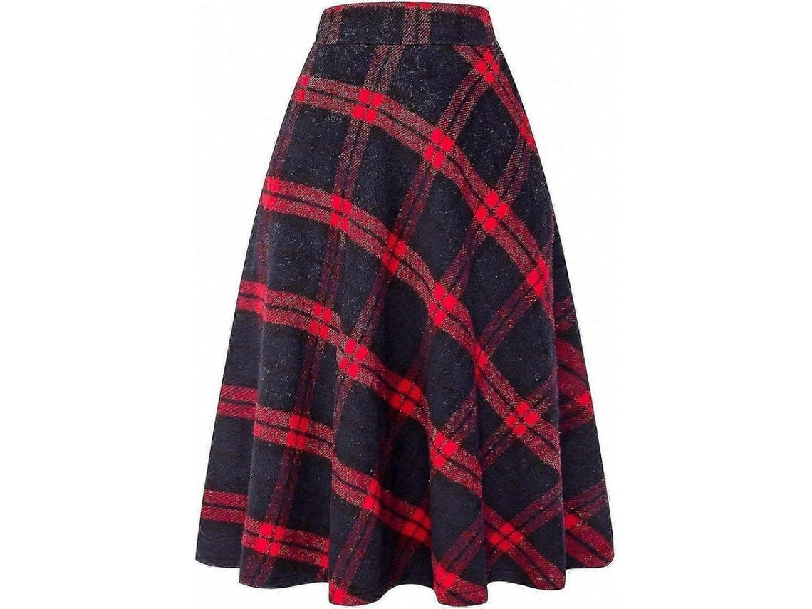 Saia Maxi Tartan De Lã A-line, Cintura Alta Elástica, Plaid Clássico, Inverno/outono/primavera, Preta Com Bolso Long Red