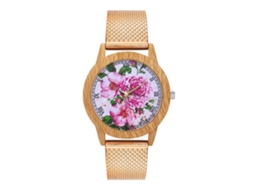 Relógio de pulso de quartzo com pulseira de malha e detalhe floral, mostrador redondo, cor ouro rosa.