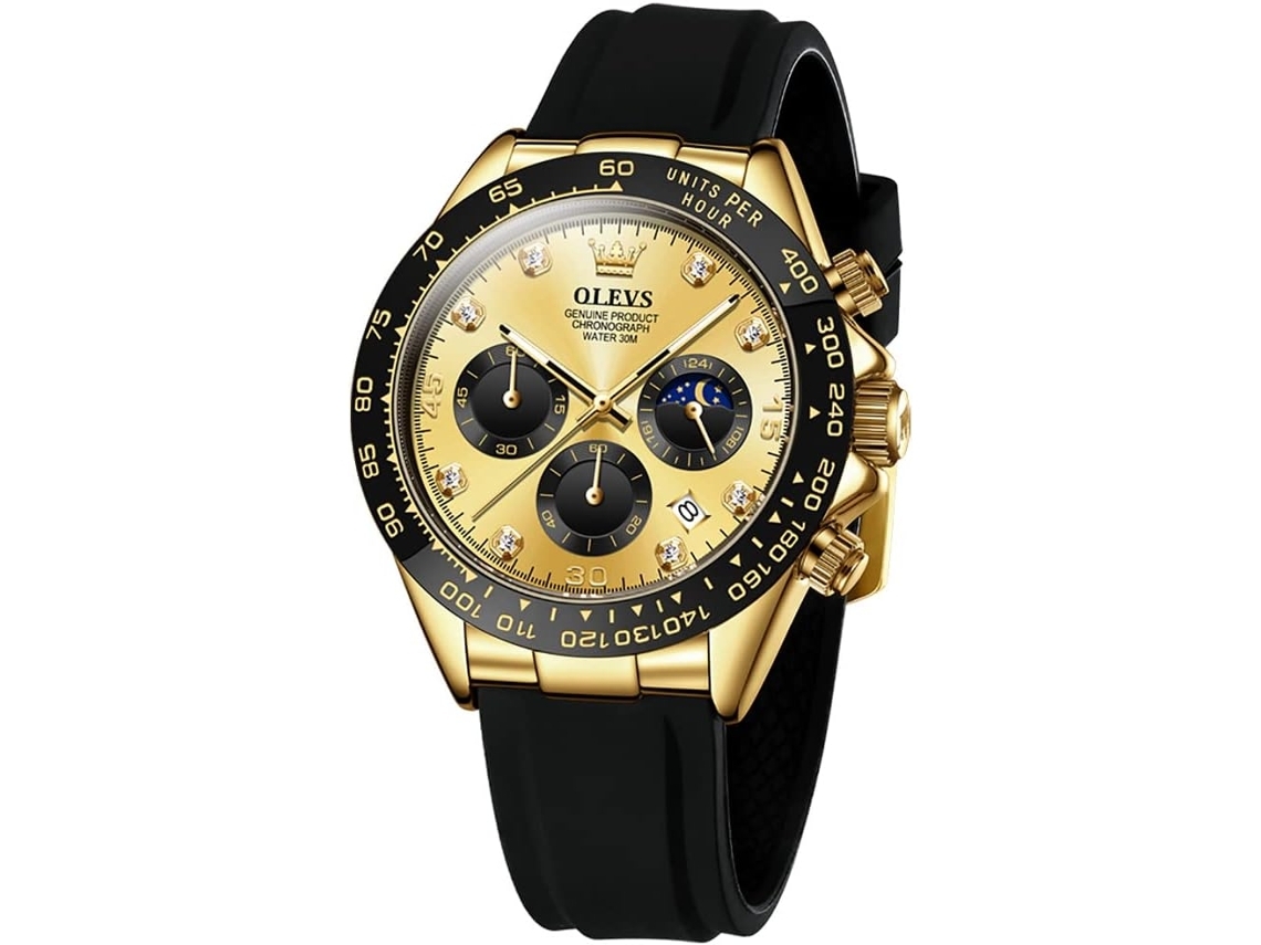 Relógio Masculino Esportivo de Quartzo com Pulseira de Silicone Preto Cronógrafo Luminoso À Prova DÁgua Fase Da Luaouro