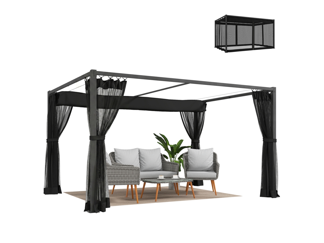 Pérgola de Jardim 3x4 M com Teto Retrátil e 4 Laterais em Rede Upf30+ Pérgola para Exterior Terraço Cinzento ZENCORE SERVICES