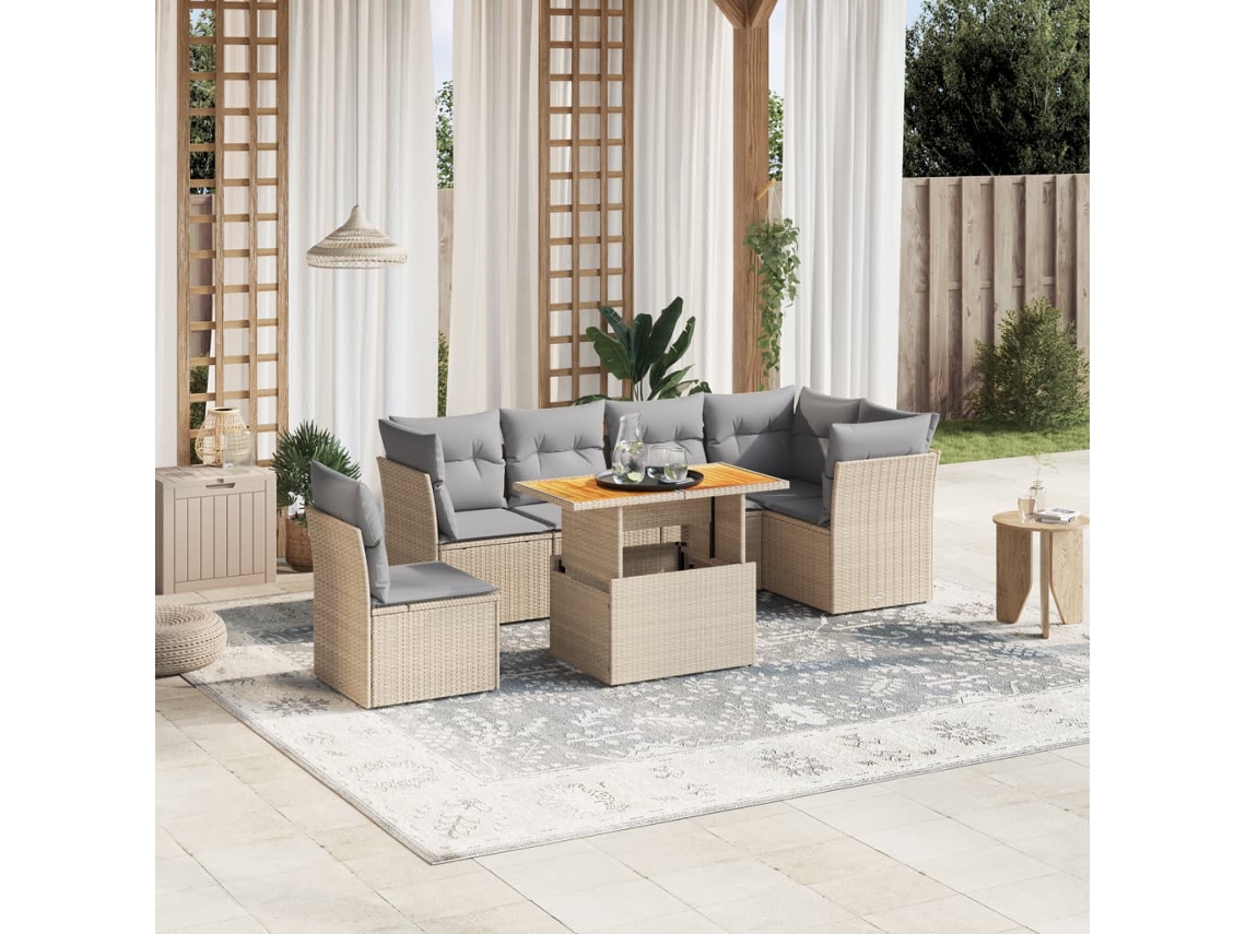 Conjunto de 7 Sofás para Jardim com Almofadas Vime Pe Bege Dkd Home Decor