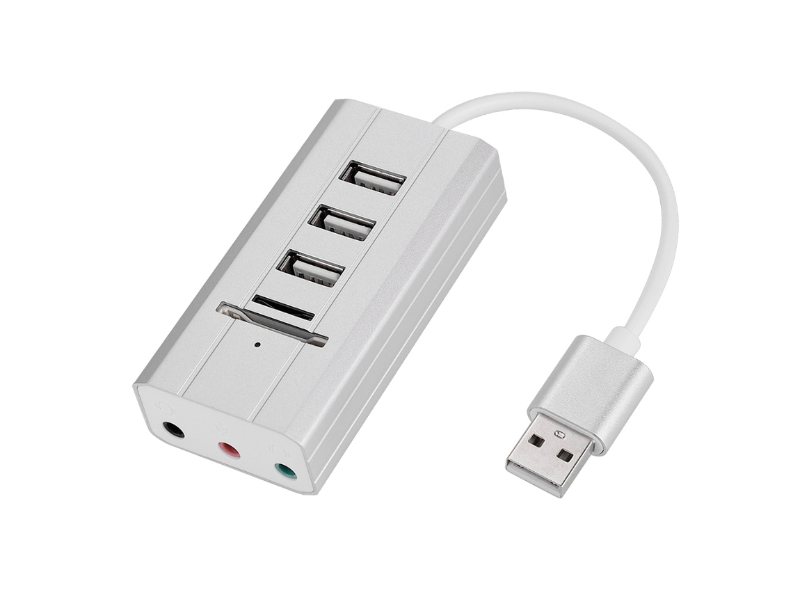 Cartão De Som Usb Externo All In One Hub Leitor De Cartão Adaptador Interface De Áudio Prata