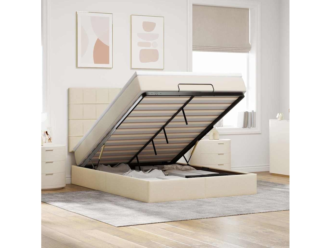 Estrutura De Cama Otomana Com Colchão Tecido Creme 140x200cm