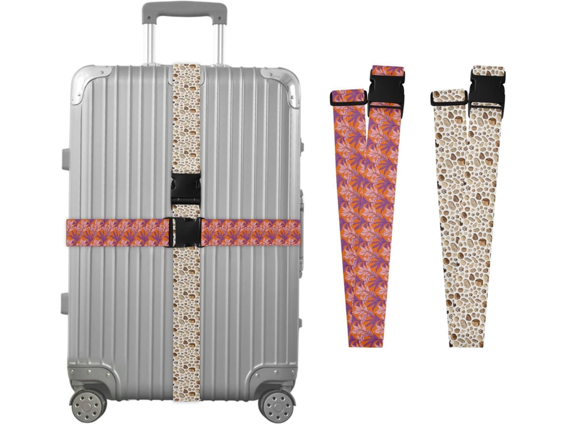Conjunto De 2 Cintas Bagagem Com Estampas Folha Laranja E Roxa, Pedra, Pata E Gato Acessórios De Viagem Ajustáveis Para