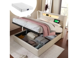 Cama De Casal 140x200 Madeira Led Usb Com Armário E Colchão