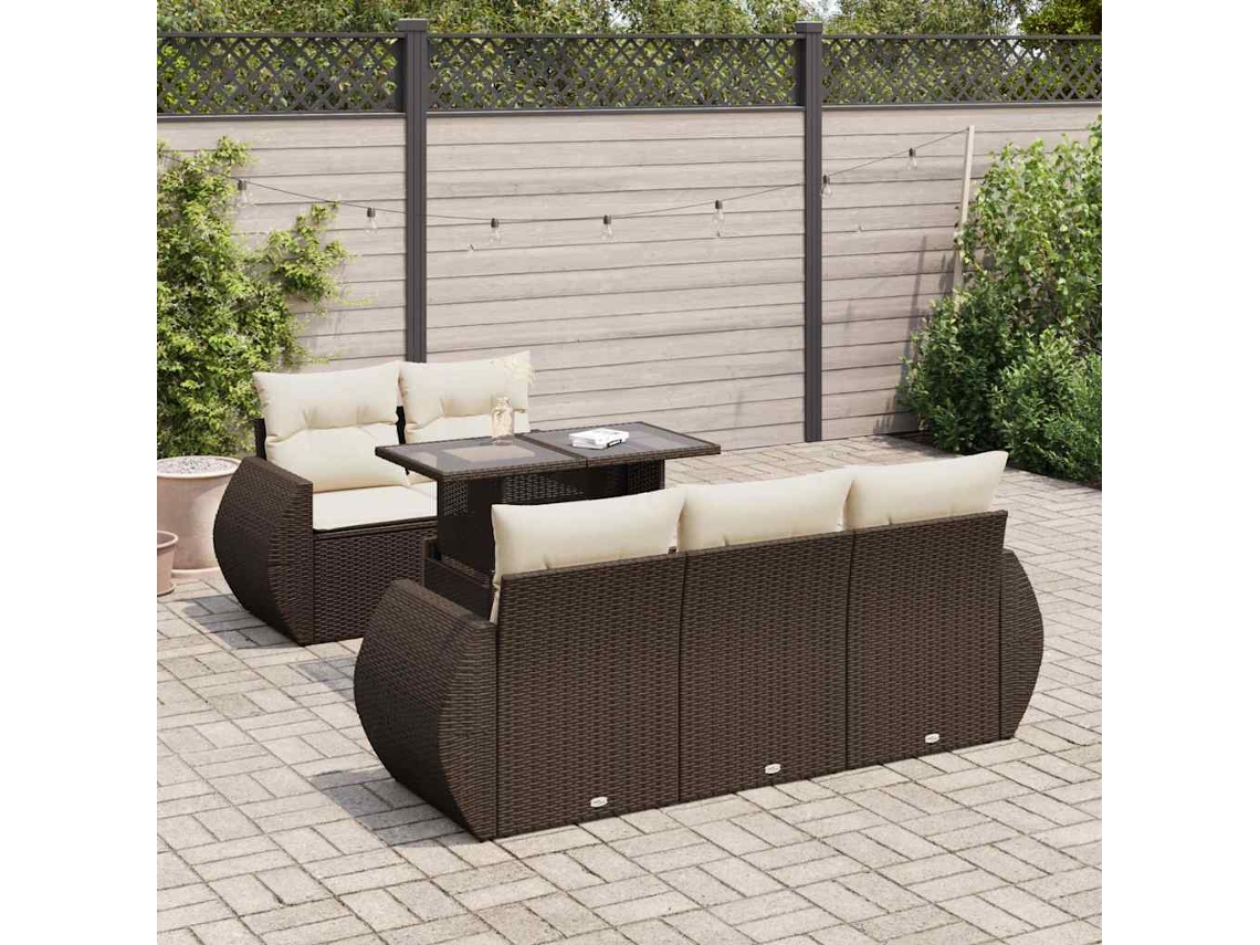 6 Pcs Conjunto De Sofá Jardim C/ Almofadões Vime Pe Marrom Dkd Home Decor