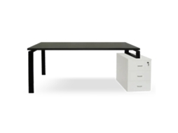 Mesa Branca Com Gavetas. Estrutura De Metal Preta. 75 X 155,5 X 60 Cm. Tampo Cinza Grafite. Ofilike