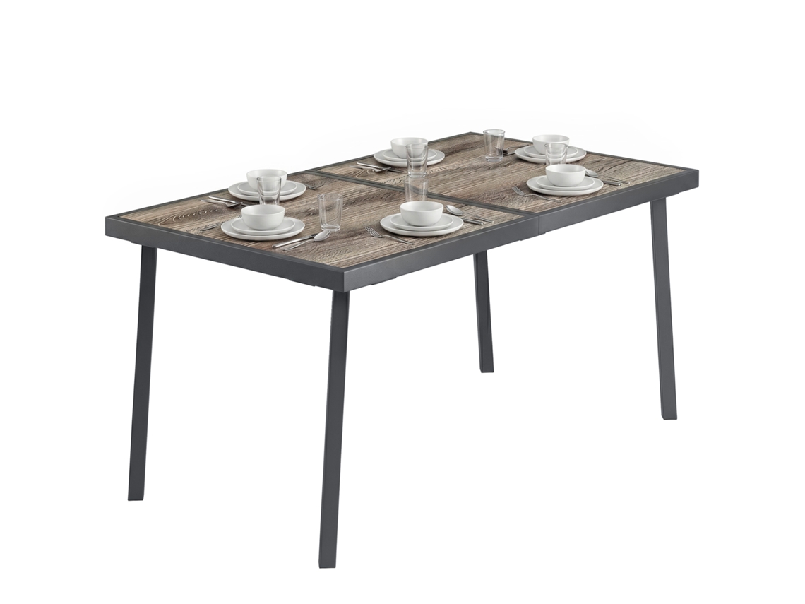 Mesa De Exterior Para 6 Pessoas, Com Aparência De Madeira, Estrutura Metálica, Resistente, 145 X 85 X 72 Cm, Cinza.