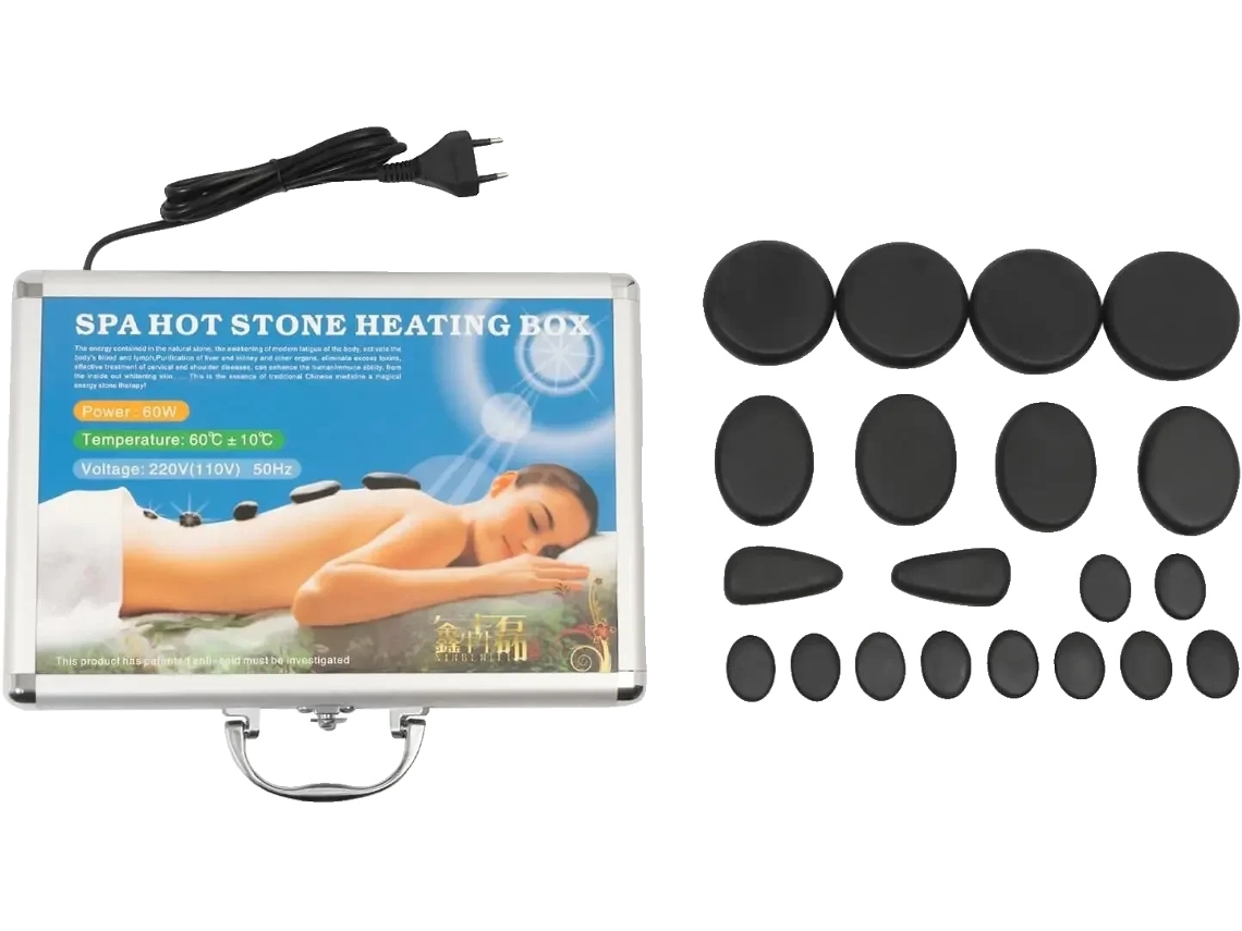 Conjunto de Massagem com Pedras Quentes, 18 Pedras Vulcânicas, Caixa de Aquecimento Inclusa, Preto OEM
