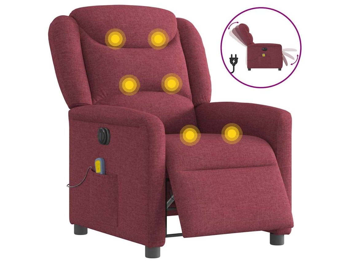 Vidaxl Poltrona Reclinável De Massagens Elétrica Tecido Vermelho Tinto