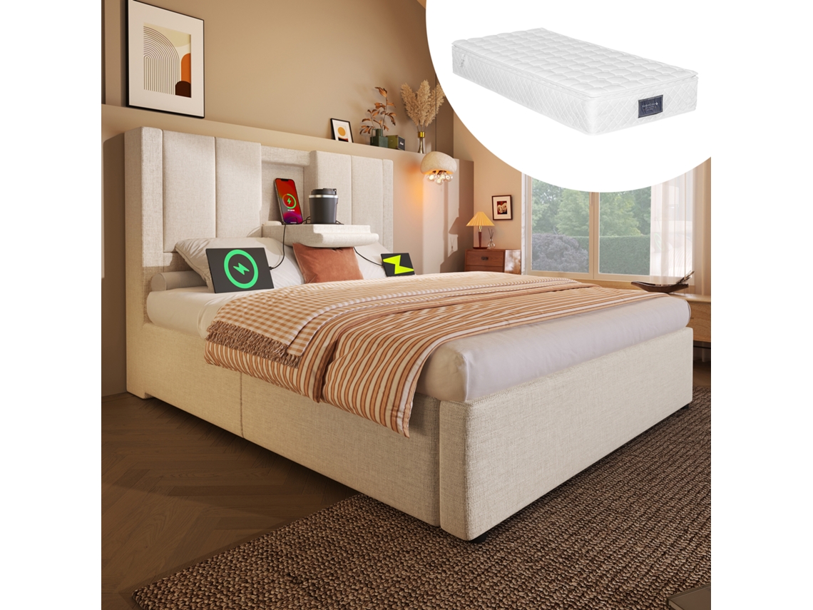 Cama Estofada 90x200cm: Suporte Copos+usb Carga, Hidráulica Armazenamento. Ripas, Linho Bege. Com Colchão.-op