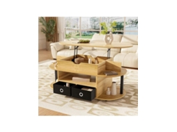 Mesa de centro elevatória com gavetas em tecido preto e efeito madeira, prática e moderna, ideal para sala de estar e escritório.