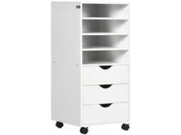 Cômoda De Wood Escritório Com 4 Rodas, Prateleiras, 3 Gavetas. White