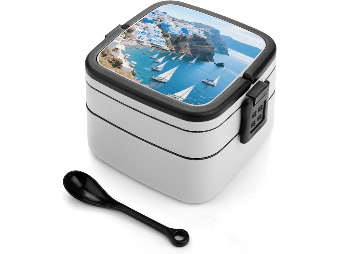 Marmita Bento Santorini Seascape De Camada Dupla Para Adultos Com Colher E Alça, À Prova De Vazamentos, Marmita