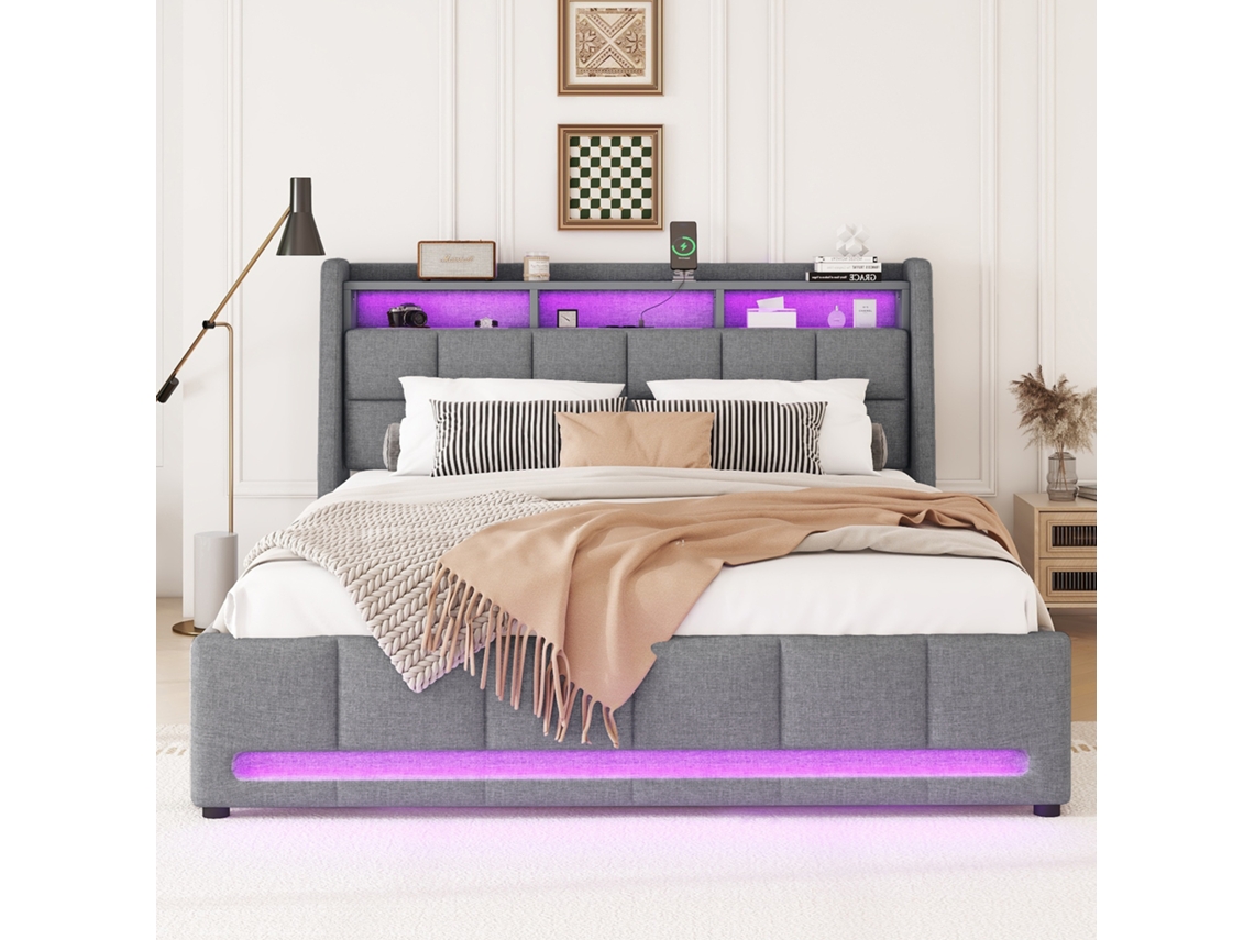 Cama box casal 140x200cm com LED por app, USB, duas gavetas, armazenamento, sem colchão, cinza, KOMHTOM