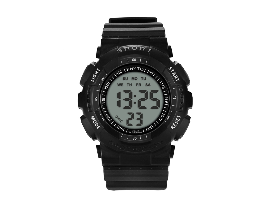 Relógio esportivo eletrônico masculino com visor digital e cristal preto.