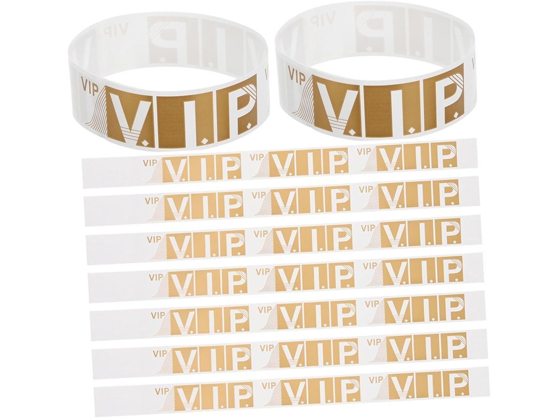 Pulseiras VIP Holibanna 100 para eventos e feiras, em papel sintético dourado, com ajuste confortável para entrada.